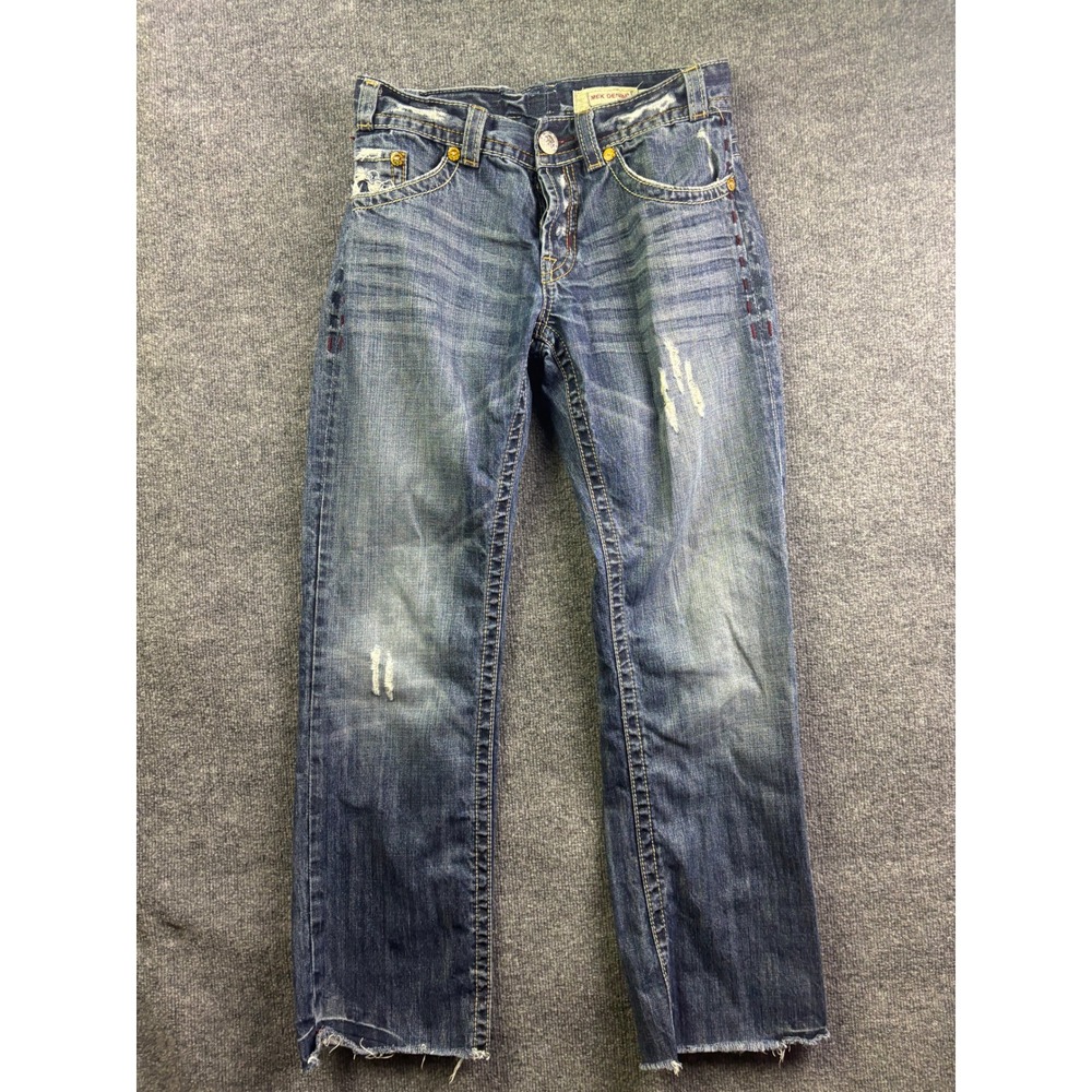 MEK Denim Straight Leg Jeans Mens 34‎ Blue Distressed Embroidered Y2K Western